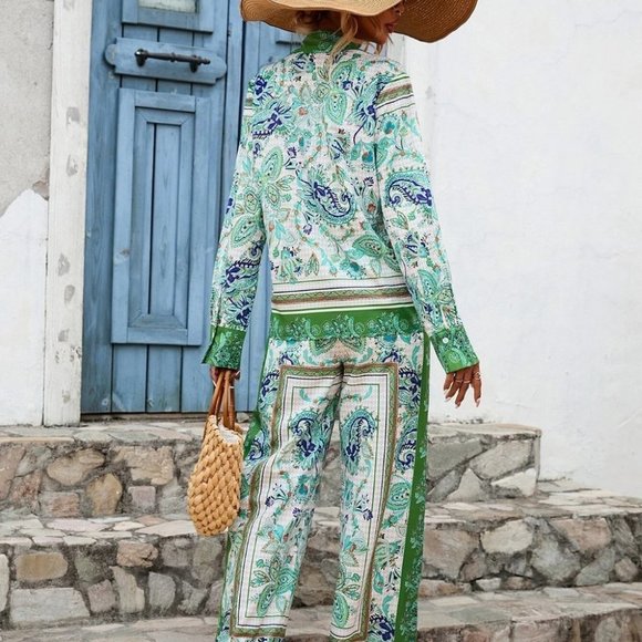 Coord set  Scarf Print Button Front Shirt & Wide Leg Pants - Picture 2 of 5